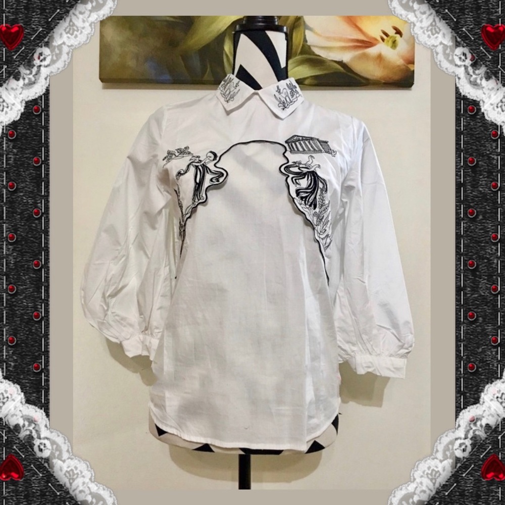 Trendy Embroidered Balloon Sleeve White Blouse